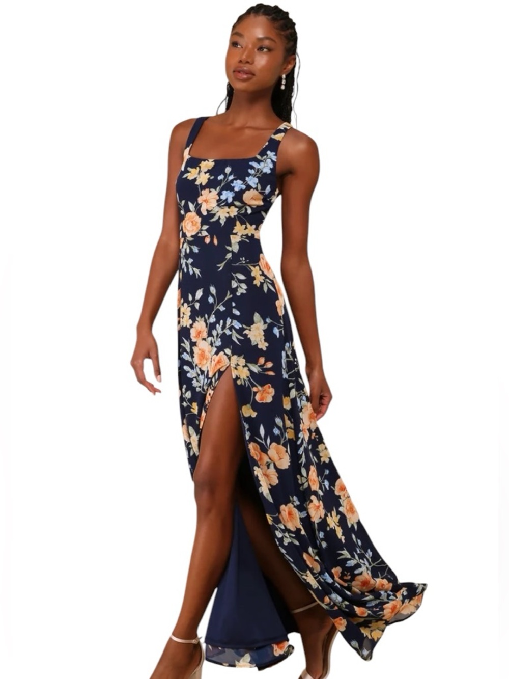 Lulu's Navy Maxi Slip Dress with Yellow Floral Print